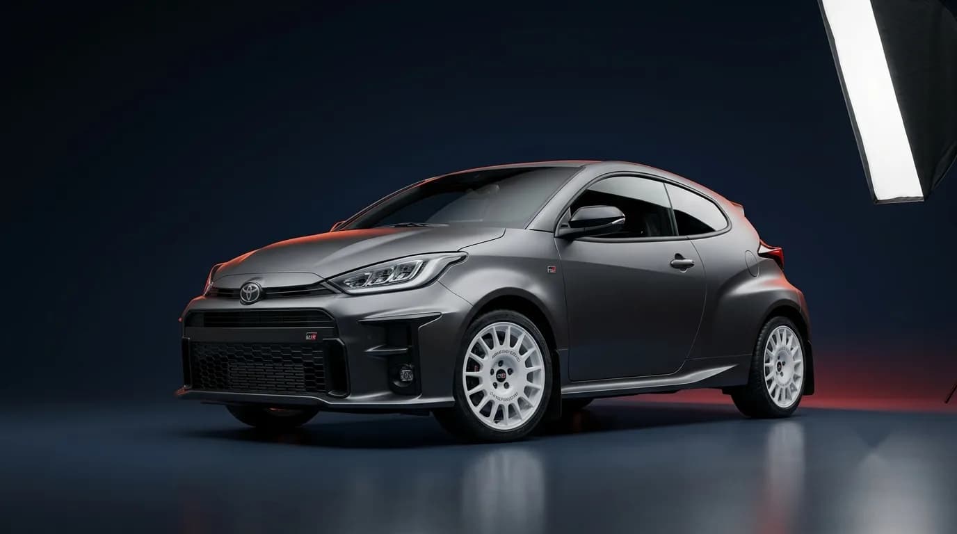 2022–2024 Toyota GR Yaris newer Hot hatch — studio photo on a dark navy backdrop with vermilion accent lighting